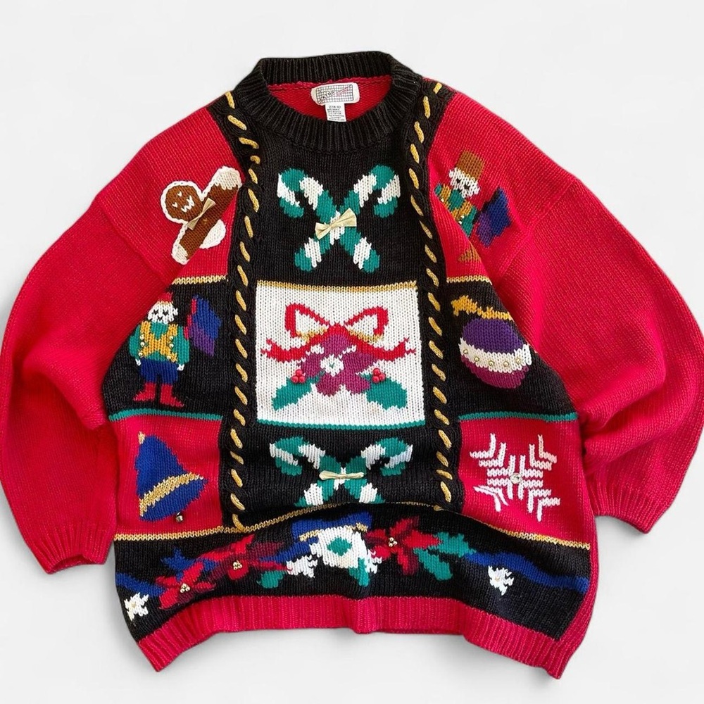 Vintage A Little Extra Spice Chunky Red Black Knit Ugly Christmas Theme Sweater